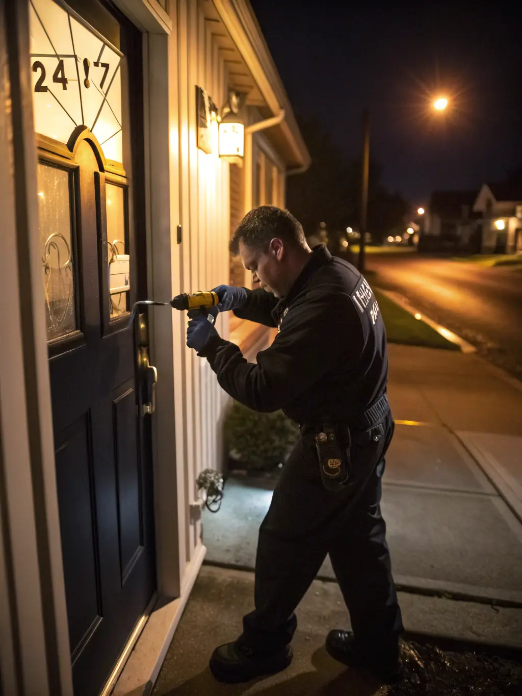 A locksmith technician arriving promptly at a residential property during nighttime to assist a lockout situation.