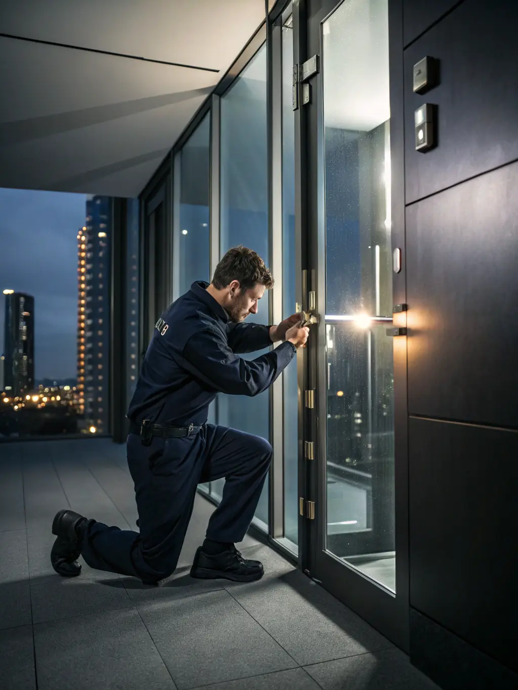 A technician repairing a heavy-duty metal door in a commercial building.
