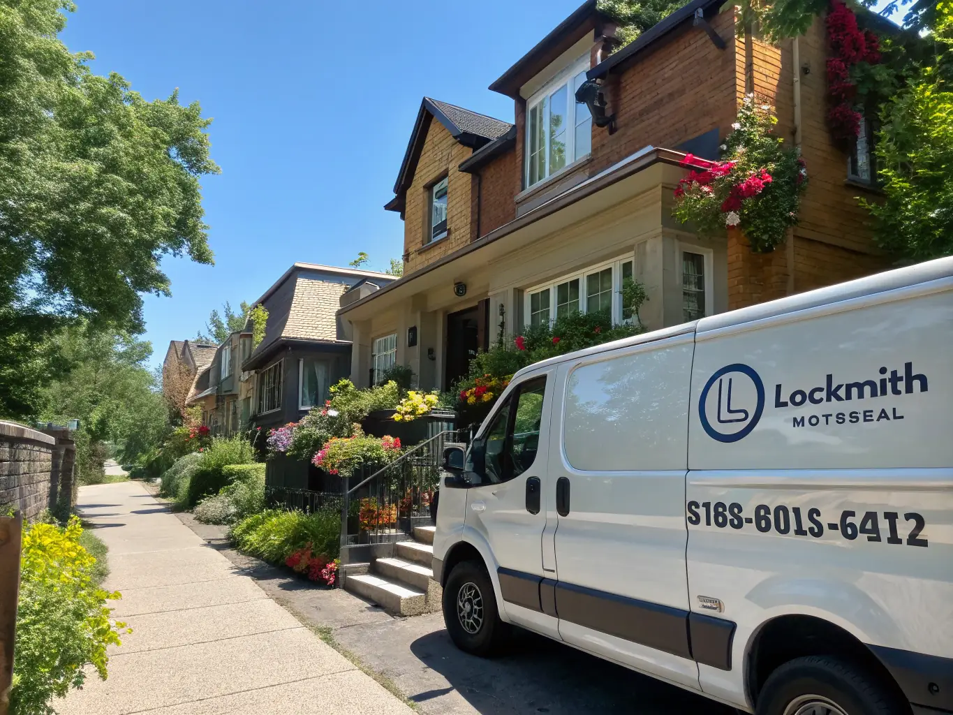 A locksmith van parked outside a commercial building, with a technician working on a door lock.