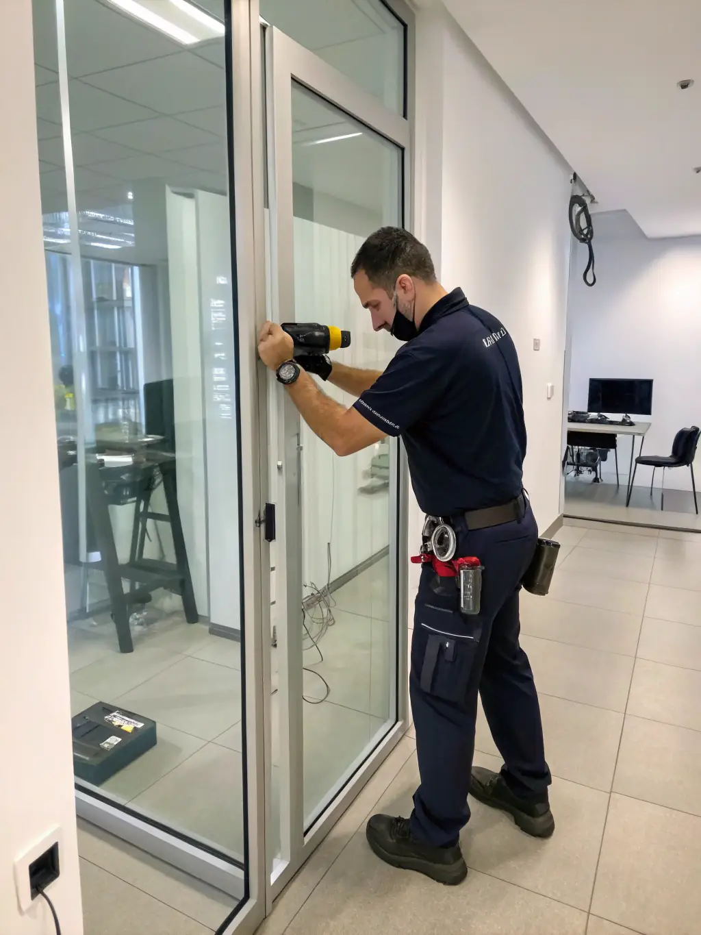 A technician installing high-security locks on a commercial storefront door.