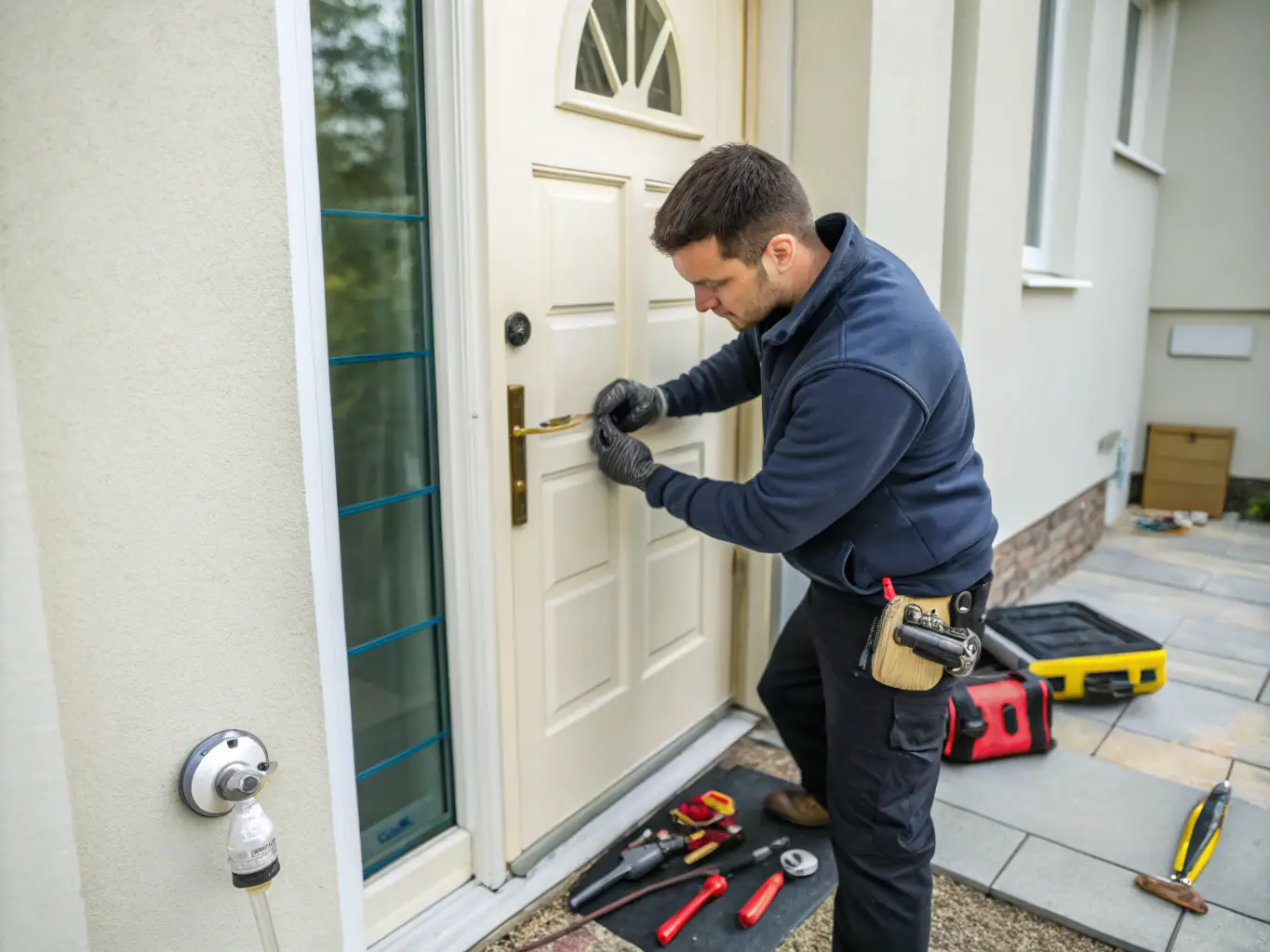 A technician repairing a damaged door frame in a residential home, showcasing expertise in door repair.